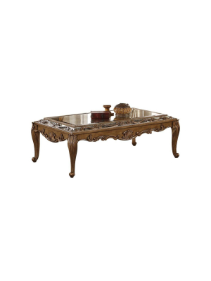 Traditional Rectangular Wooden Coffee Table With Mirrored Top Gold - Benzara