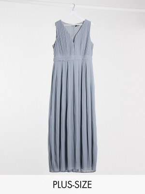 Tfnc Plus Bridesmaid Pleated Sleeveless Maxi Dress In Dusty Blue