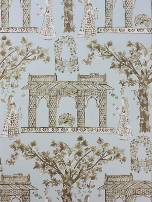 Pavilion Garden Wallpaper In Aqua And Gold By Nina Campbell For Osborne & Little