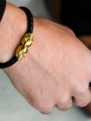 Genuine Leather Gold Twin Skull Bracelet