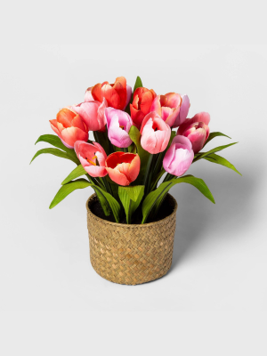 14" X 12" Artificial Tulip Arrangement In Woven Basket Pink/natural - Threshold™