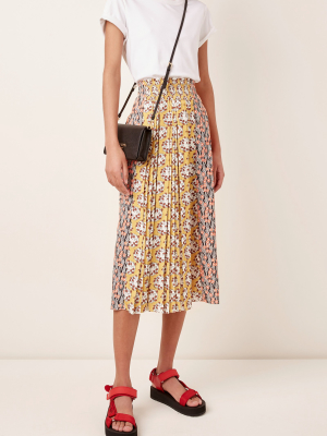 Printed Pleated Satin Midi Skirt