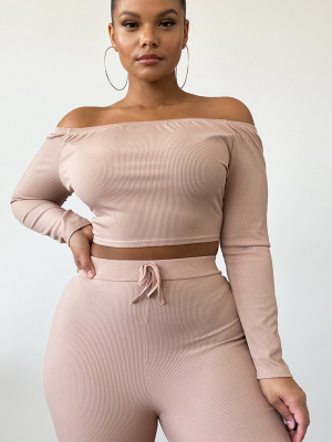 Plus Stone Ribbed Bardot Long Sleeve Crop Top