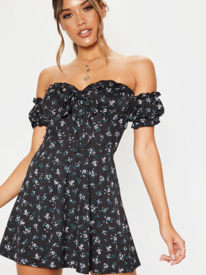 Black Floral Bardot Tie Front Skater Dress