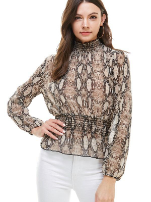 Snake Printed Chiffon Hi Neck Blouse