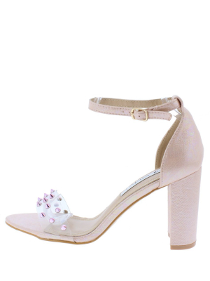 Christal018 Blush Studded Lucite Open Toe Ankle Strap Heel