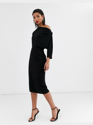 Asos Design Fallen Shoulder Midi Pencil Dress In Black