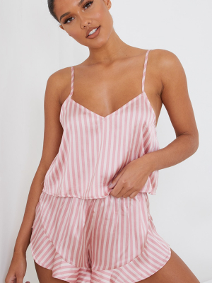 Baby Pink Stripe Satin Frill Cami Short Pj Set