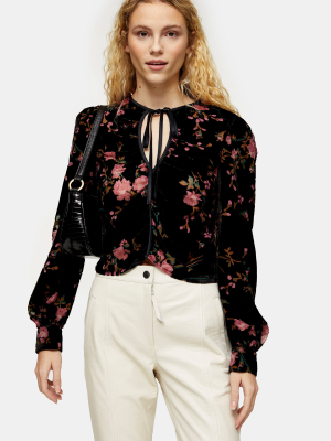 Floral Print Velvet Keyhole Blouse