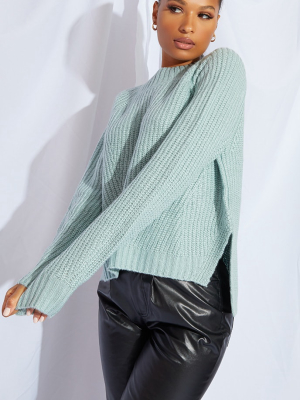 Mint Soft Knit Balloon Sleeve Funnel Neck Sweater