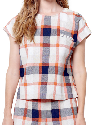 Leanne Button Shoulder Top - Plaid