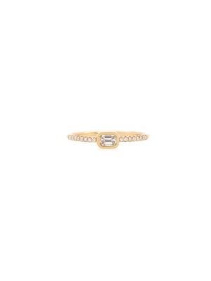 14k Bezel Set Emerald Cut Diamond Ring With Pave Diamond Band