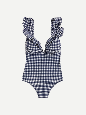 Ruffle Plunging V-neck One-piece Swimsuit In Puckered Gingham