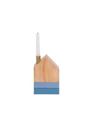 Blue Stripe Wood House With Brass Taper Candle Holder - Foreside Home & Garden