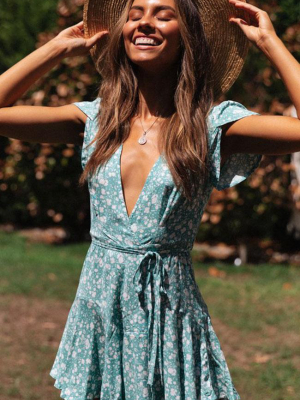 Belted Floral Wrap Front V Neck Beach Mini Dress