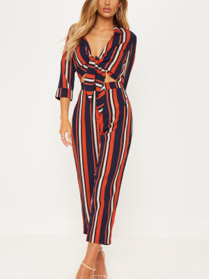 Burnt Orange Stripe Tie Detail Jumpsuit