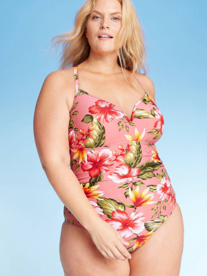 Women's Plus Size V-wire One Piece Swimsuit - Kona Sol™ Pink Floral