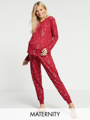 Chelsea Peers Maternity Eco Poly Foil Star Long Pajama Set In Red