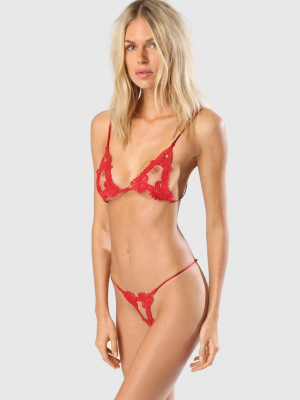 Lace Ouvert Thong - Red