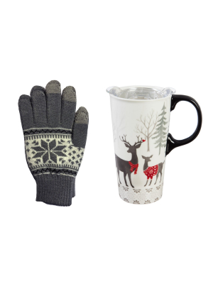 Cypress Home Beautiful Christmas White Woods Ceramic Travel Cup And Glove Gift Set - 5 X 4 X 7 Inches Indoor/outdoor Hom