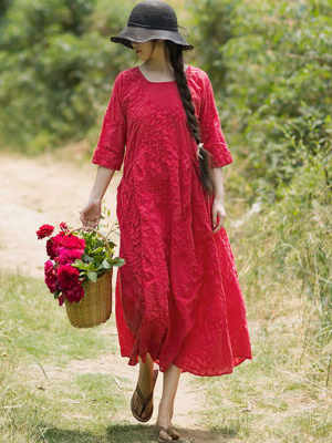 Plus Size- Women Pure Color Pleated 100% Cotton Dress