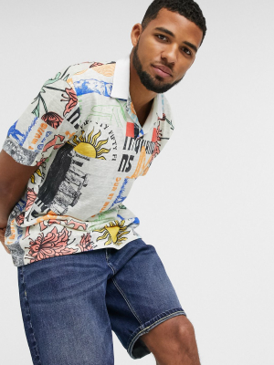 Asos Design Relaxed All Over Postcard Print Revere Collar Polo In Linen Look