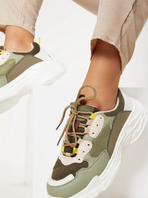 Light Khaki Lace Up Chunky Sneakers