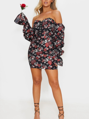 Black Floral Corset Detail Puff Sleeve Bodycon...