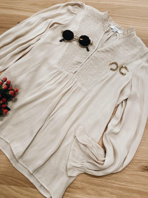 Ivory Shirred V-neck Blouse