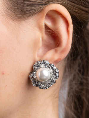 Silver And Crystal Baguette With Pearl Center Flower Clip Earrings