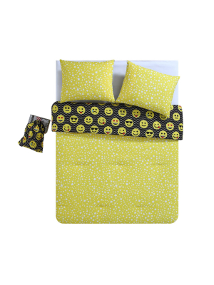 Full/queen Facey Emoji Comforter Set Yellow/black - Vcny Home