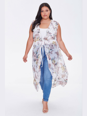 Plus Size Sheer Ruffled Floral Kimono