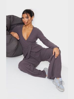 Grey Brushed Rib Wrap Wide Leg Jumpsuit