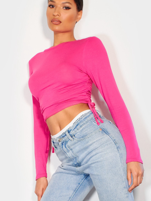 Hot Pink Jersey Ruched Side Long Sleeve Top