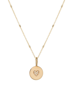 14k Pave Diamond Heart Disc Necklace