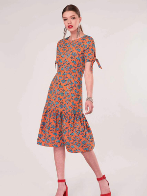 Orange Tie Short Sleeve Hem Dress