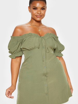 Plus Khaki Bardot Button Front Shift Dress