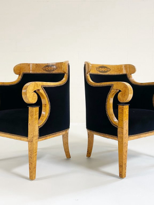 Biedermeier Marquetry Armchairs In Rose Uniacke Velvet, Pair