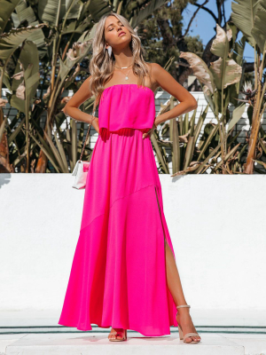 Vivid Strapless Slit Maxi Dress - Hot Pink