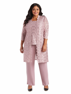 Three-piece Pant Set With Metallic Lace And Long-line Jacket - Plus