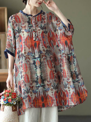 Plus Size - Ramie Floral Vintage Women Print Casual Shirt