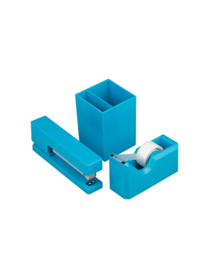 Jam Paper Stapler, Tape Dispenser & Pen Holder Desk Set Blue