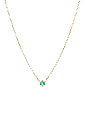 14k Gold Tiny Prong Set Flower Necklace With Emerald Petals And A Diamond Center