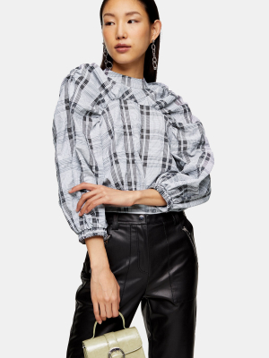 Black And White Check Tie Back Ruched Blouse