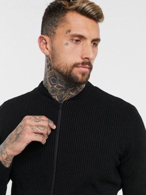 Asos Design Knitted Muscle Fit Ribbed Bomber Jacket In Black