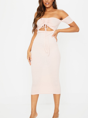 Nude Ribbed Bardot Ruched Cut Out Midi Dress