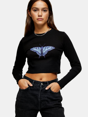 Petite Black Butterfly Long Sleeve Crop Top