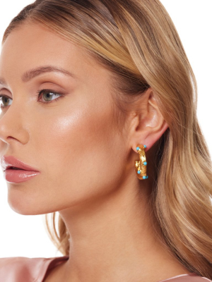 Gold Hoop Post Earring With Turquoise Cabochons