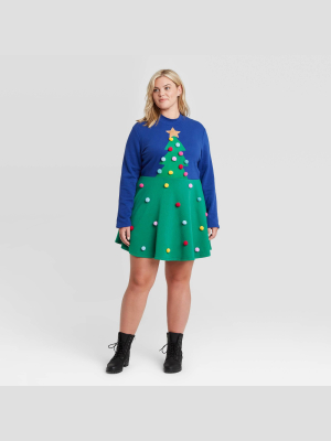 Women's Christmas Tree Pom Pom Long Sleeve Dress - Green