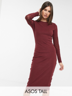 Asos Design Tall Super Soft Bodycon Midi With Mesh Insert Sleeve Dress In Oxblood